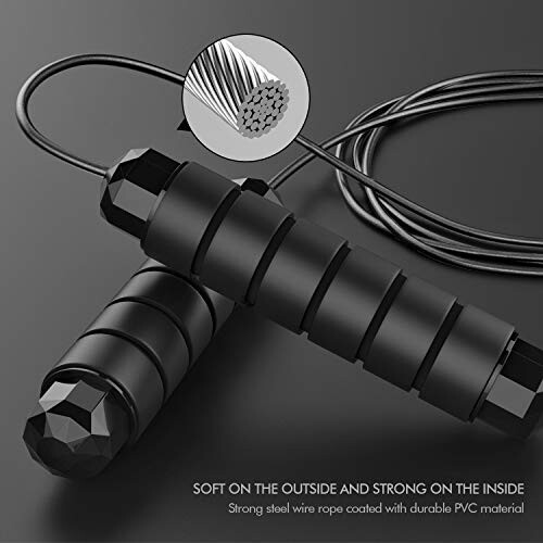 Black jump rope with strong steel wire and PVC coating.