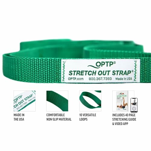 Green stretch out strap with 10 loops and stretching guide.