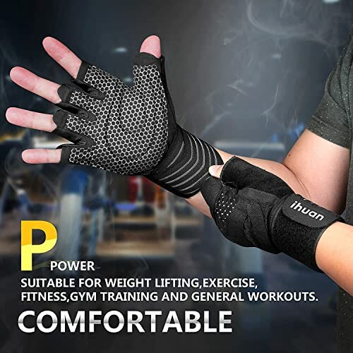 Person wearing black weightlifting gloves with text about comfort and use for gym training.