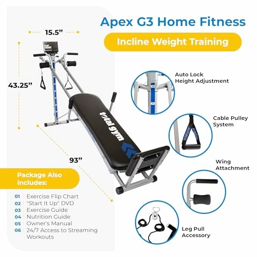 Apex G3 home fitness equipment with incline weight training features and accessories.