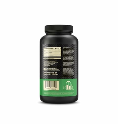 Black supplement bottle with label listing ingredients and nutritional facts.