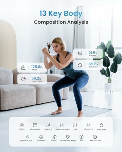 Woman performing squat with body composition analysis metrics displayed.