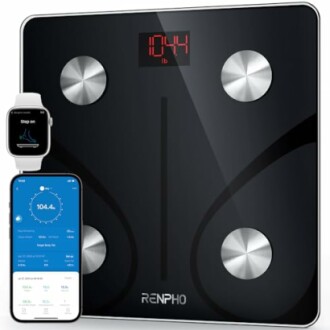 Digital body scale with smartphone integration displaying weight and health metrics.