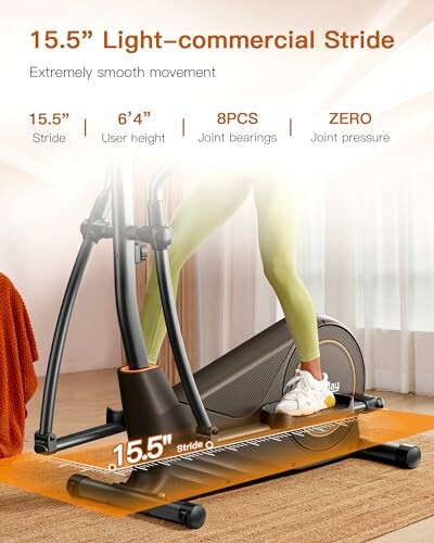 Elliptical trainer with 15.5-inch stride and zero joint pressure.