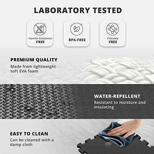 Laboratory tested EVA foam mat features: premium quality, water-repellent, easy to clean.