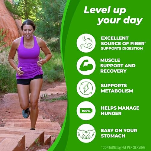 Woman jogging on steps with nutrition benefits listed.