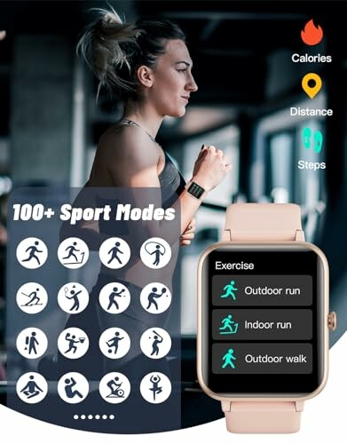 Woman running on treadmill wearing smartwatch with sport modes and activity icons.