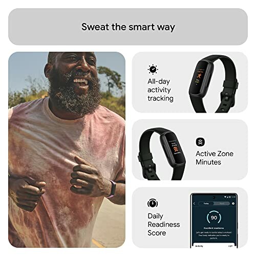 Man jogging with fitness tracker features: all-day activity tracking, active zone minutes, daily readiness score.