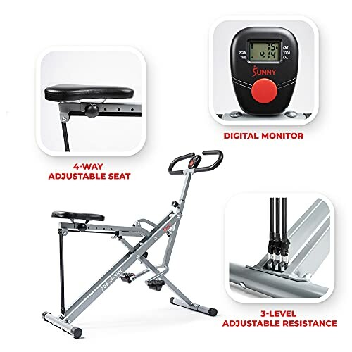 Foldable rowing machine with adjustable seat and digital monitor.