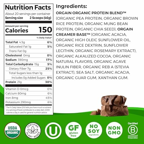 Nutrition facts and ingredients of organic protein blend with certifications.