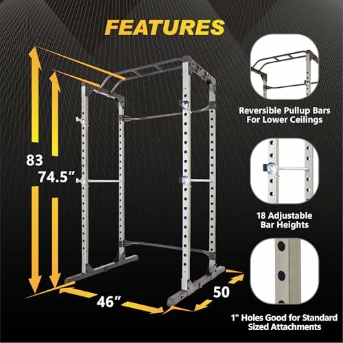 Power rack with adjustable heights and reversible pullup bars.