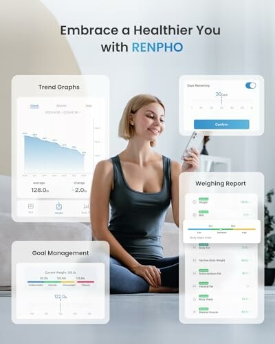 Woman using Renpho health app with trend graphs and reports displayed.