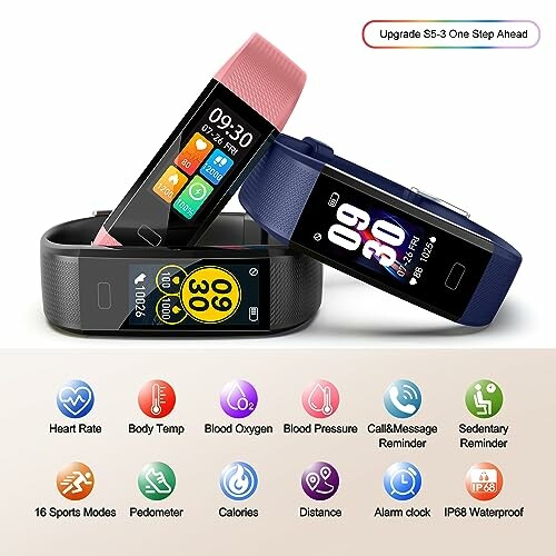 Two smart fitness tracker watches with health monitoring features.