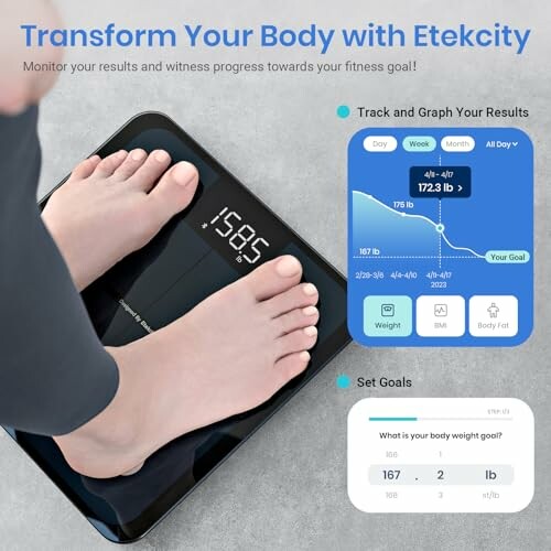 Person standing on smart scale with weight tracking app interface.