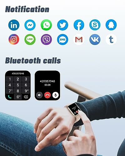 Smartwatch displaying notification icons and Bluetooth call features.