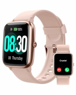 Smartwatch with pink strap displaying time and call feature.