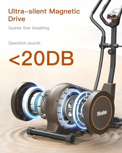 Elliptical machine with ultra-silent magnetic drive, less than 20DB operation sound.