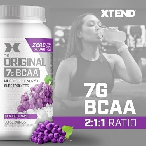 Xtend BCAA supplement in glacial grape flavor with athlete drinking.